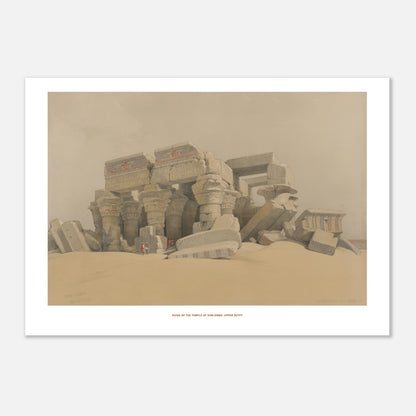 Illustration des ruines du temple de Kom Ombo en Haute-Égypte - David Roberts (42x59,4 cm (A2)). Ruines du temple de Kom Ombo, Haute-Égypte, montrant des colonnes massives et des blocs de pierre effondrés dans un paysage désertique.