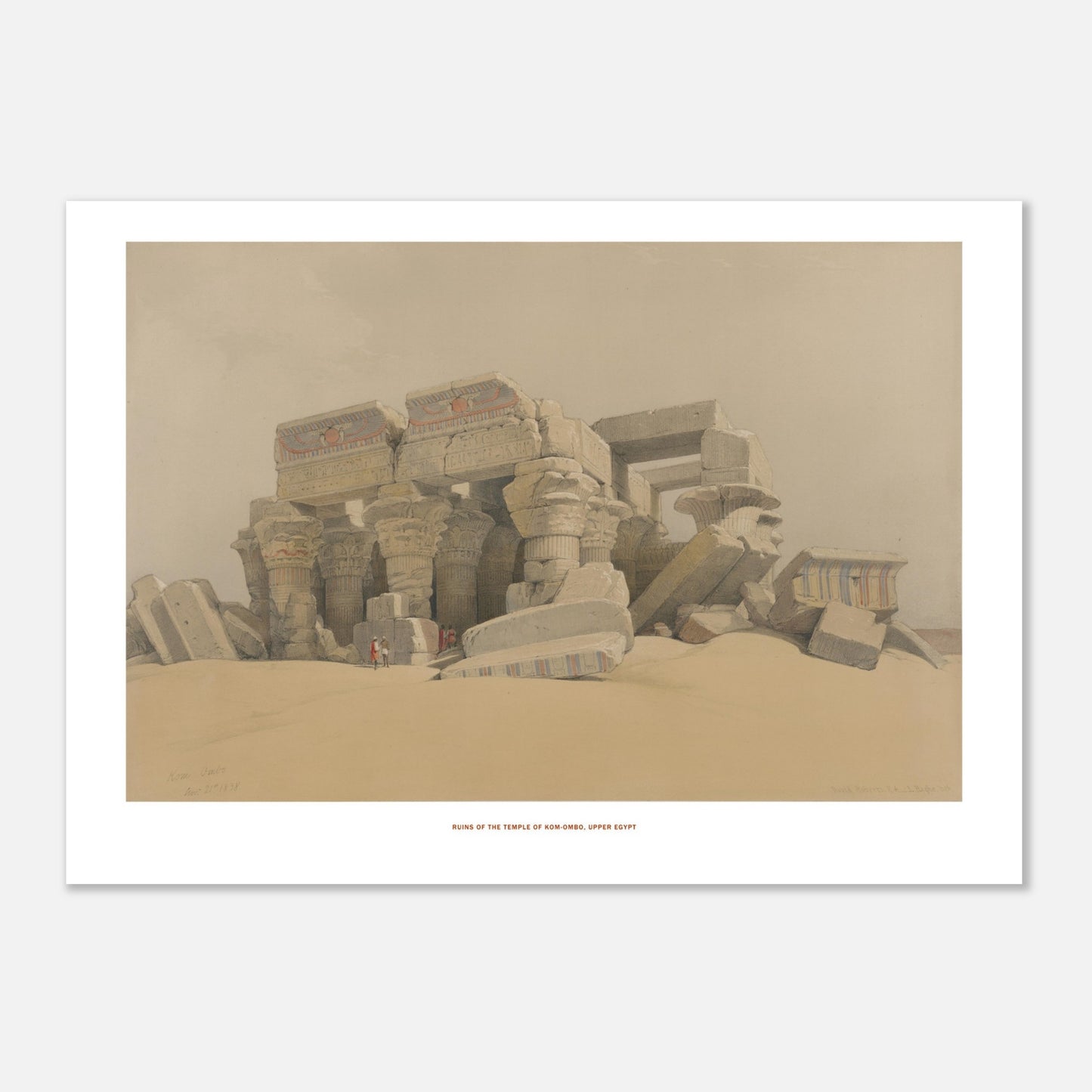 Illustration des ruines du temple de Kom Ombo en Haute-Égypte - David Roberts (50x70 cm). Ruines du temple de Kom Ombo, Haute-Égypte, montrant des colonnes massives et des blocs de pierre effondrés dans un paysage désertique.