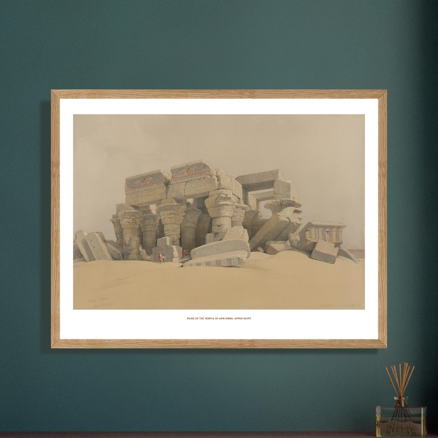 Illustration des ruines du temple de Kom Ombo en Haute-Égypte - David Roberts. Ruines du temple de Kom Ombo, Haute-Égypte, montrant des colonnes massives et des blocs de pierre effondrés dans un paysage désertique. Image d'illustration 6