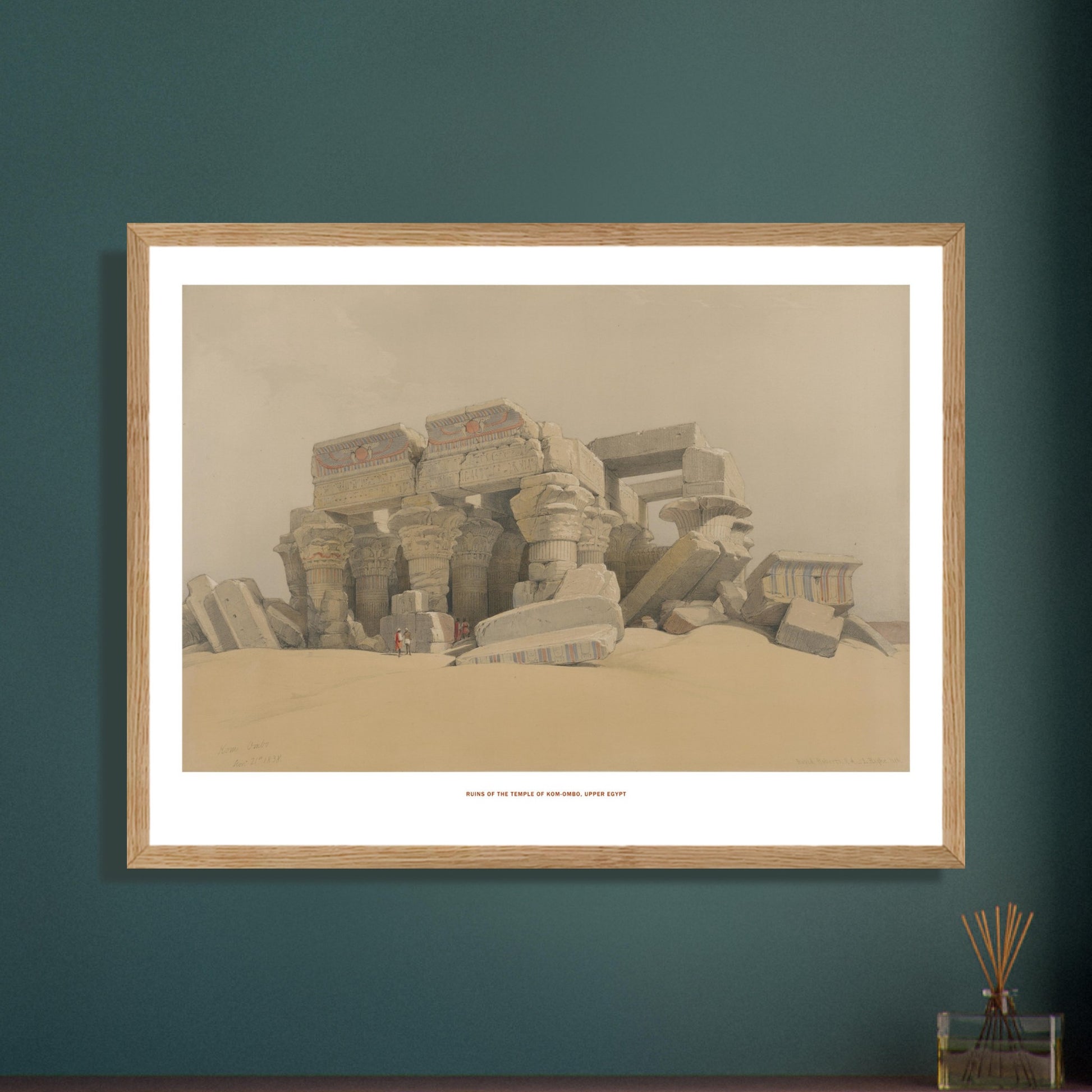 Illustration des ruines du temple de Kom Ombo en Haute-Égypte - David Roberts. Ruines du temple de Kom Ombo, Haute-Égypte, montrant des colonnes massives et des blocs de pierre effondrés dans un paysage désertique. Image d'illustration 6