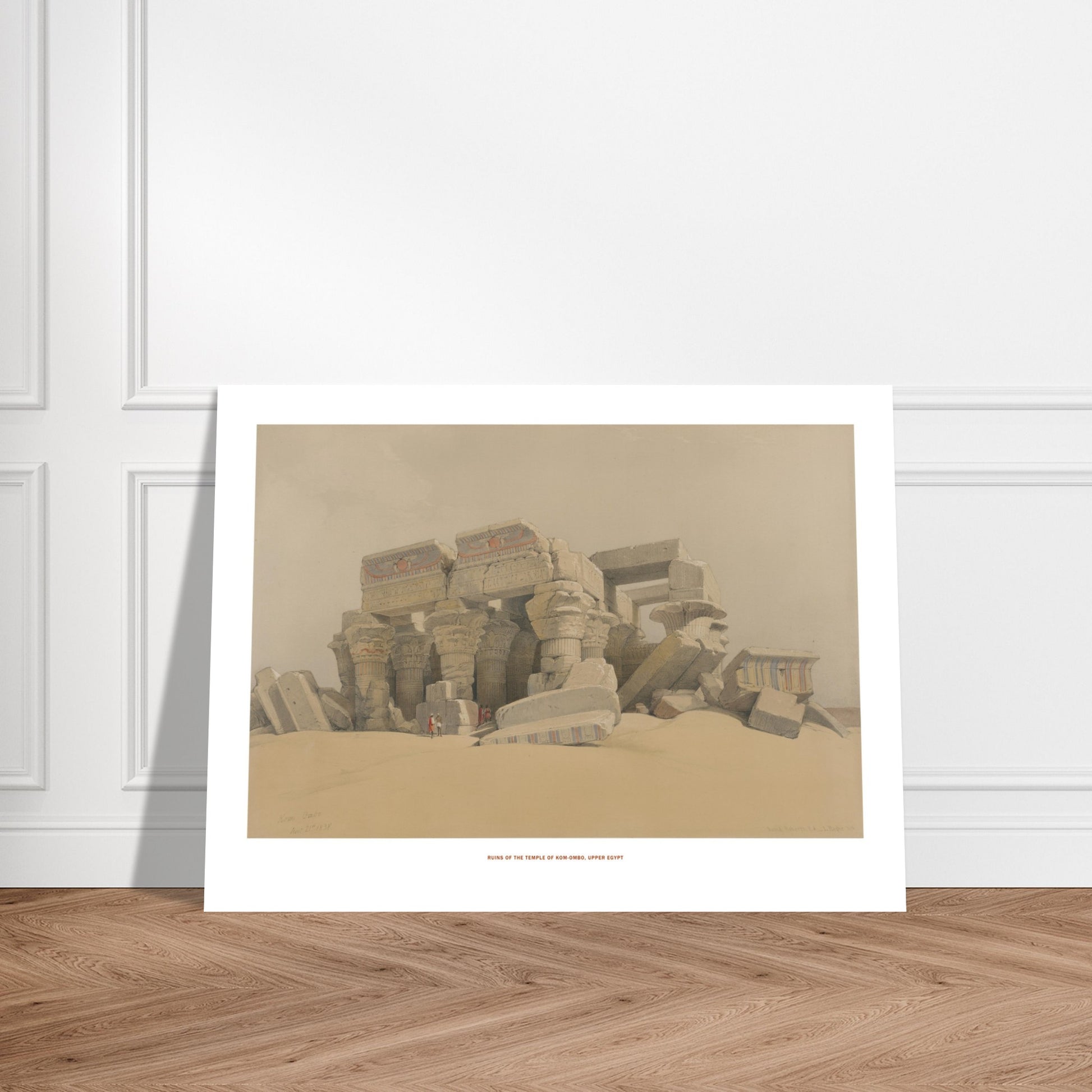 Illustration des ruines du temple de Kom Ombo en Haute-Égypte - David Roberts. Ruines du temple de Kom Ombo, Haute-Égypte, montrant des colonnes massives et des blocs de pierre effondrés dans un paysage désertique. Image d'illustration 7