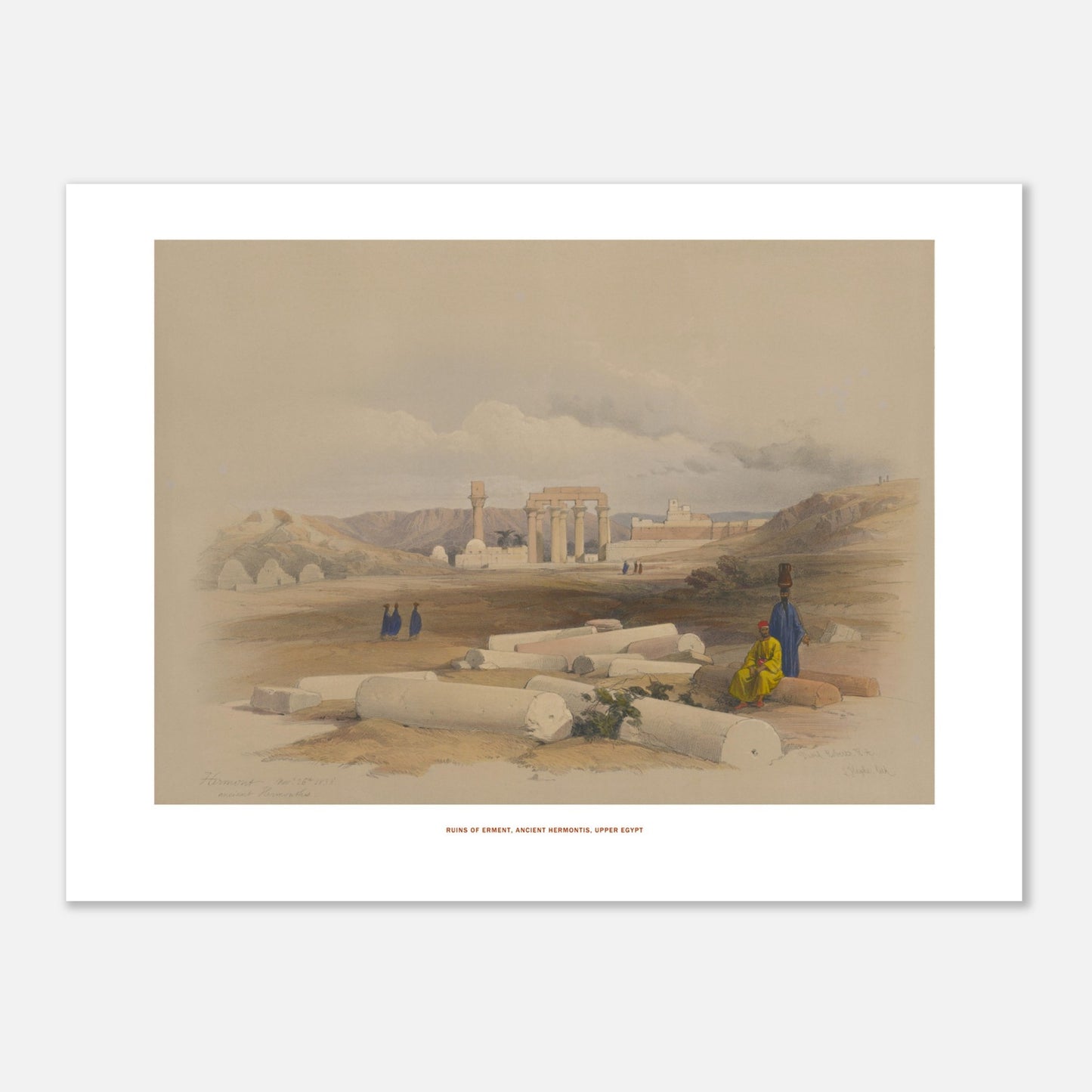 Planche ancienne : Ruines d'Erment (Hermonthis) - David Roberts (30x40 cm). Lithographie ancienne des ruines d'Erment, anciennement Hermonthis, montrant des colonnes brisées et des figures humaines dans un paysage désertique.