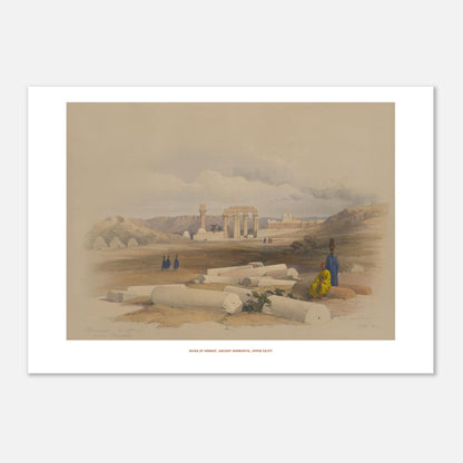 Planche ancienne : Ruines d'Erment (Hermonthis) - David Roberts (42x59,4 cm (A2)). Lithographie ancienne des ruines d'Erment, anciennement Hermonthis, montrant des colonnes brisées et des figures humaines dans un paysage désertique.