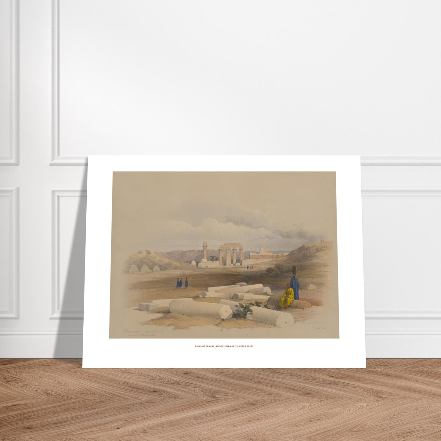 Planche ancienne : Ruines d'Erment (Hermonthis) - David Roberts. Lithographie ancienne des ruines d'Erment, anciennement Hermonthis, montrant des colonnes brisées et des figures humaines dans un paysage désertique. Image d'illustration 5