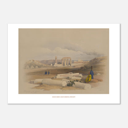 Planche ancienne : Ruines d'Erment (Hermonthis) - David Roberts (50x70 cm). Lithographie ancienne des ruines d'Erment, anciennement Hermonthis, montrant des colonnes brisées et des figures humaines dans un paysage désertique.