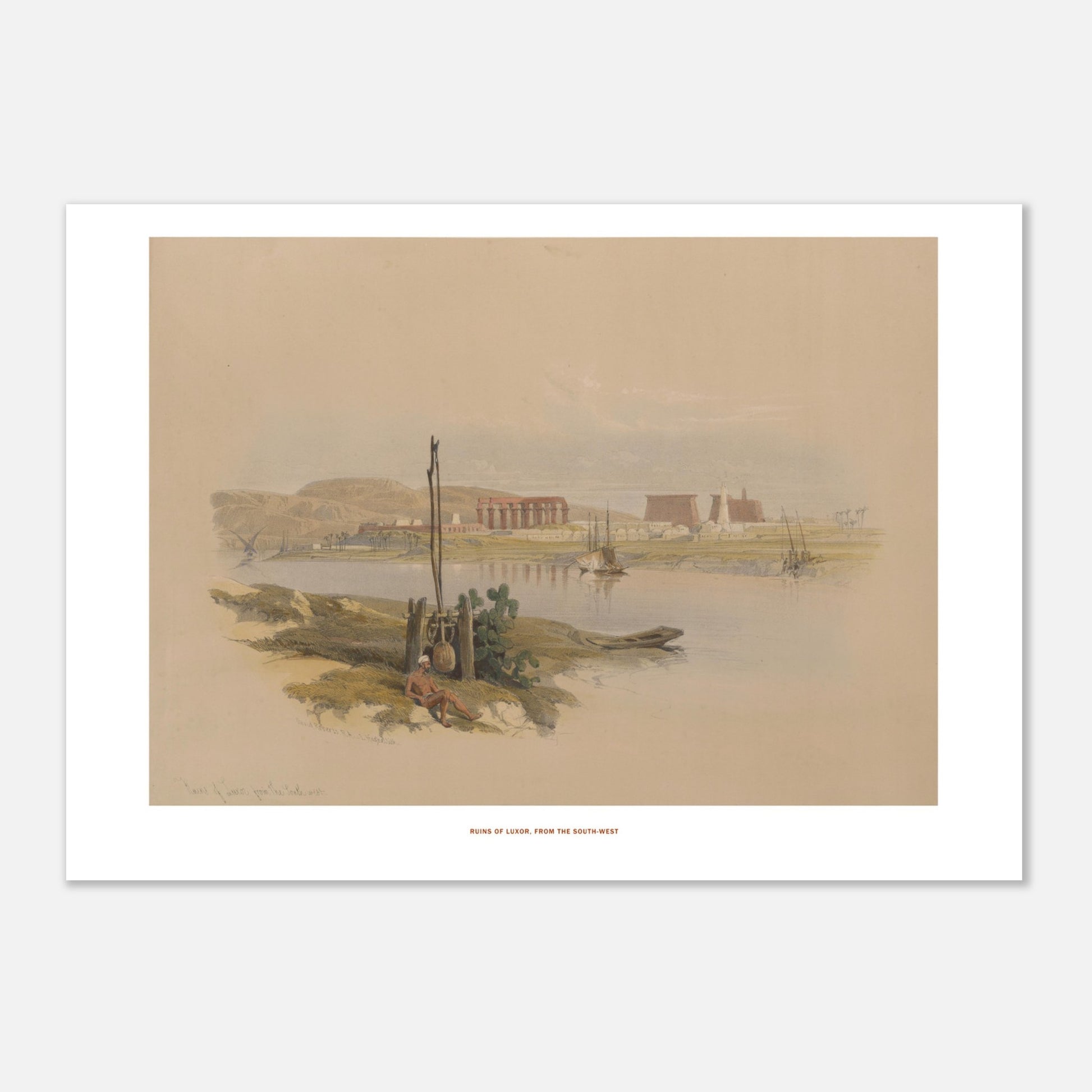 Ruines de Louxor depuis le sud-ouest, planche de David Roberts (21x29,7 cm (A4)). Lithographie ancienne représentant une vue générale des ruines de Louxor, avec le Nil, des bateaux et des bâtiments antiques.