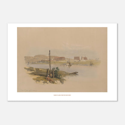 Ruines de Louxor depuis le sud-ouest, planche de David Roberts (21x29,7 cm (A4)). Lithographie ancienne représentant une vue générale des ruines de Louxor, avec le Nil, des bateaux et des bâtiments antiques.