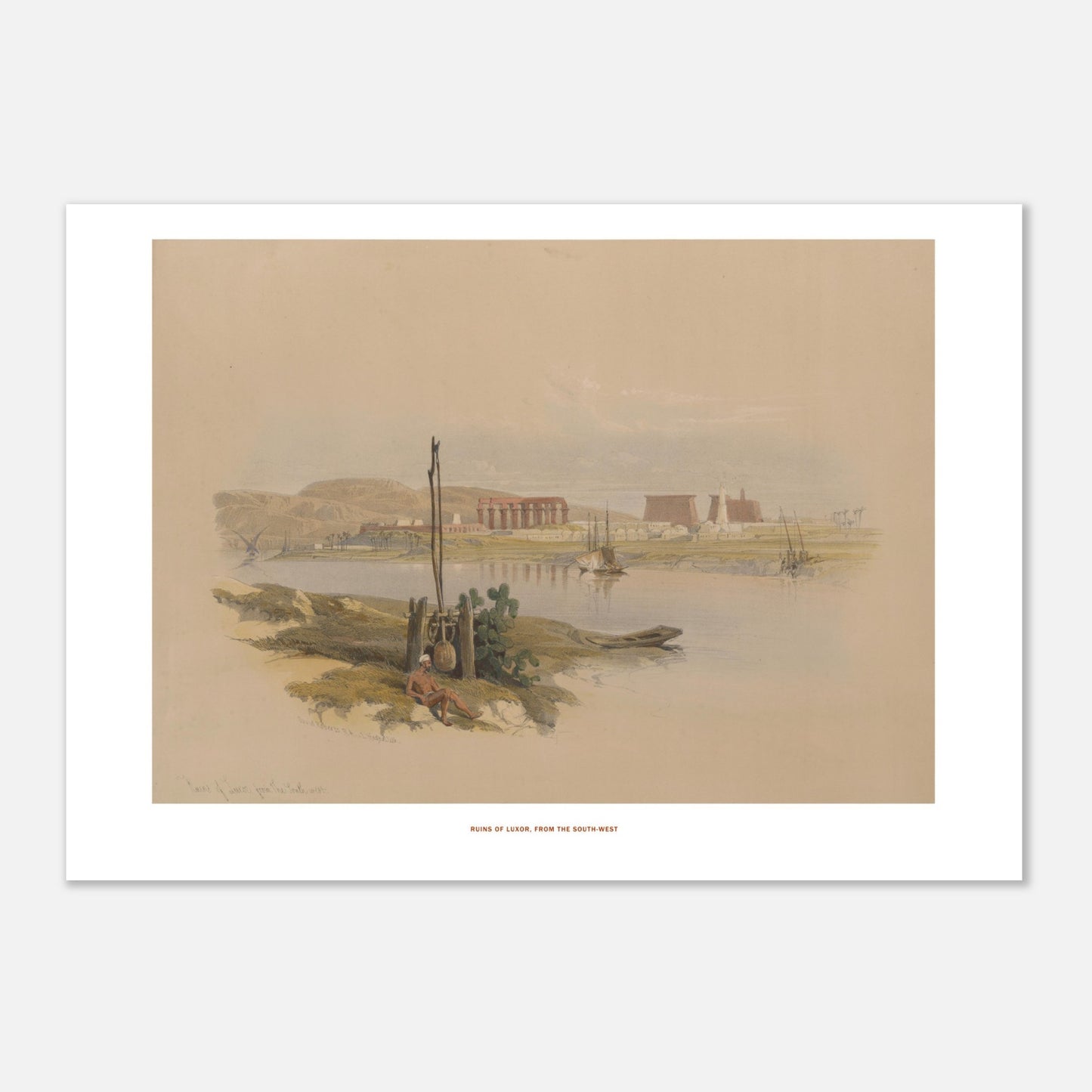 Ruines de Louxor depuis le sud-ouest, planche de David Roberts (29,7x42 cm (A3)). Lithographie ancienne représentant une vue générale des ruines de Louxor, avec le Nil, des bateaux et des bâtiments antiques.