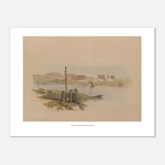 Ruines de Louxor depuis le sud-ouest, planche de David Roberts (30x40 cm). Lithographie ancienne représentant une vue générale des ruines de Louxor, avec le Nil, des bateaux et des bâtiments antiques.