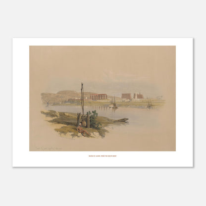 Ruines de Louxor depuis le sud-ouest, planche de David Roberts (50x70 cm). Lithographie ancienne représentant une vue générale des ruines de Louxor, avec le Nil, des bateaux et des bâtiments antiques.