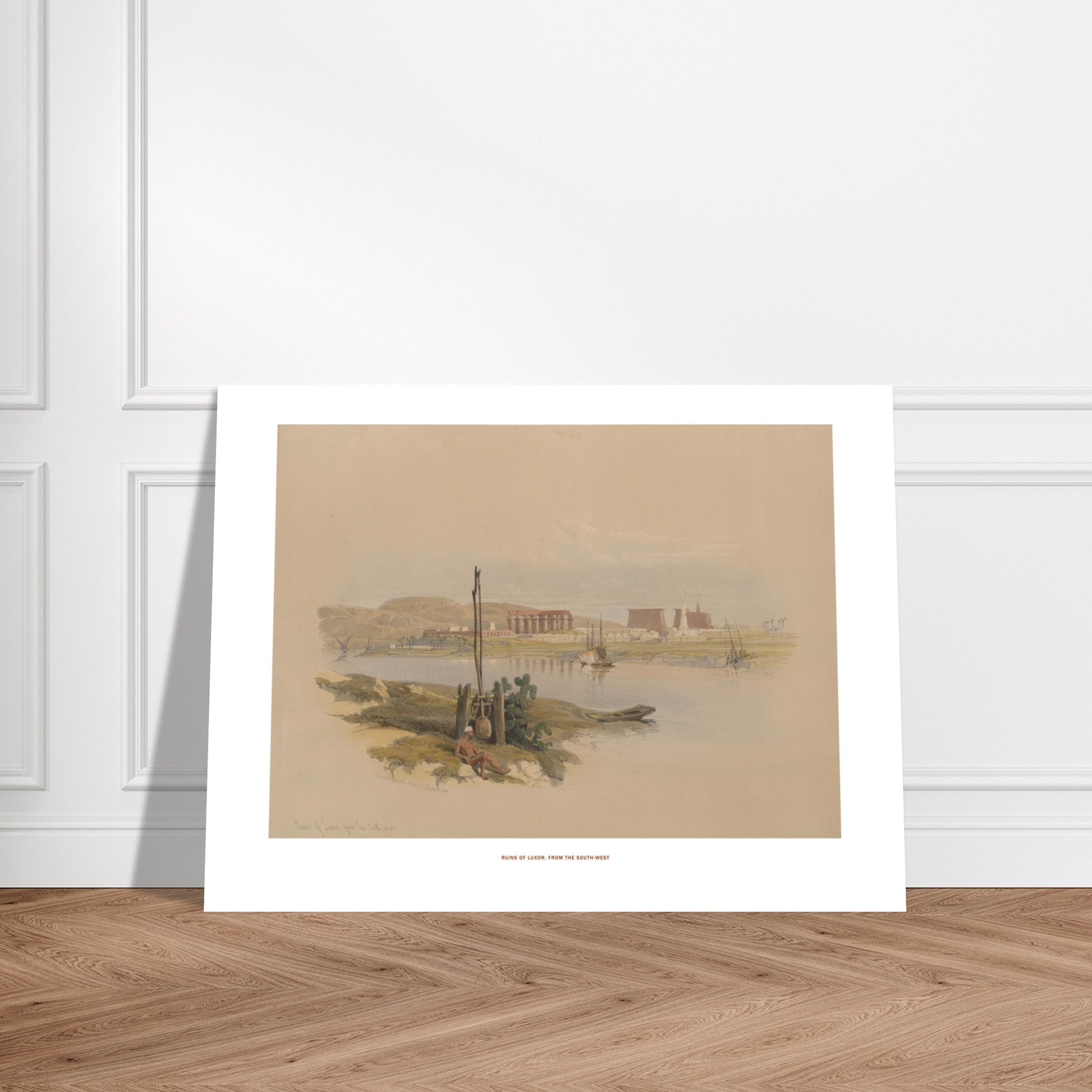 Ruines de Louxor depuis le sud-ouest, planche de David Roberts. Lithographie ancienne représentant une vue générale des ruines de Louxor, avec le Nil, des bateaux et des bâtiments antiques. Image d'illustration 6