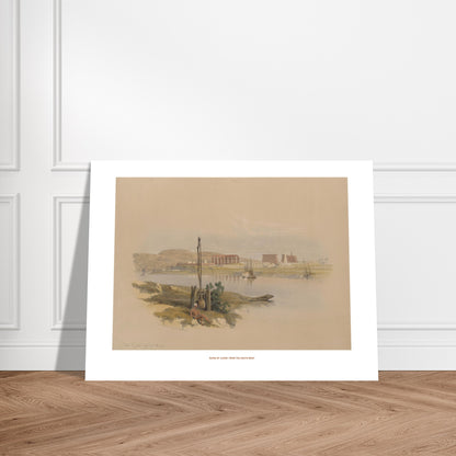 Ruines de Louxor depuis le sud-ouest, planche de David Roberts. Lithographie ancienne représentant une vue générale des ruines de Louxor, avec le Nil, des bateaux et des bâtiments antiques. Image d'illustration 6