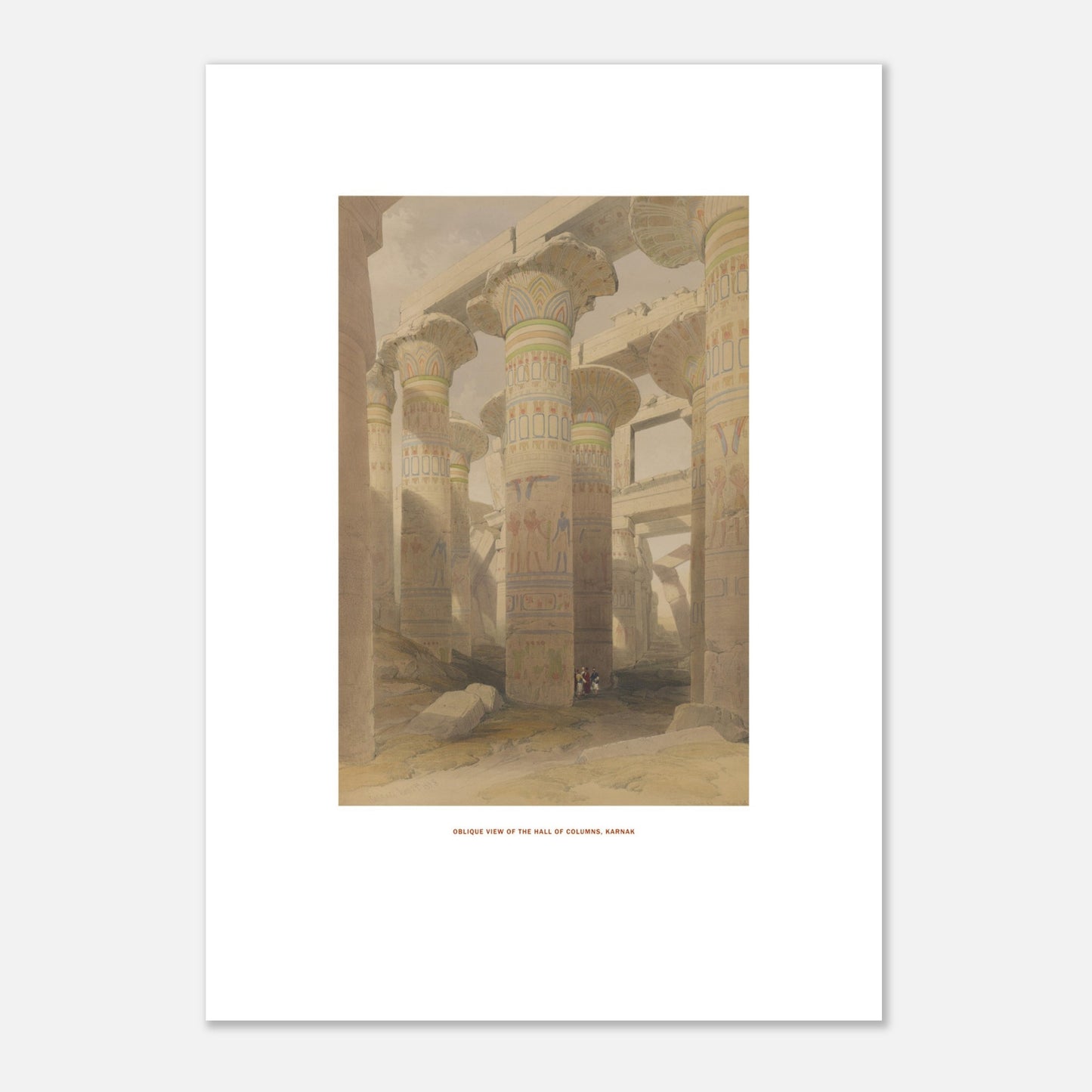 Planche de Karnak : Vue oblique de la salle des colonnes, David Roberts (21x29,7 cm (A4)). Lithographie de David Roberts représentant la salle des colonnes du temple de Karnak, avec ses piliers monumentaux ornés de hiéroglyphes et de peintures.