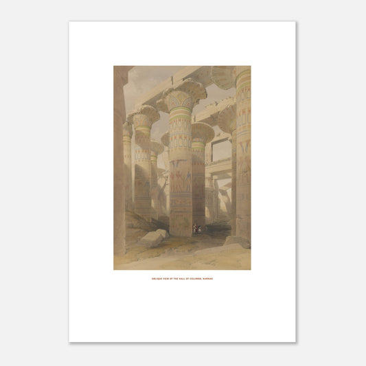 Planche de Karnak : Vue oblique de la salle des colonnes, David Roberts (21x29,7 cm (A4)). Lithographie de David Roberts représentant la salle des colonnes du temple de Karnak, avec ses piliers monumentaux ornés de hiéroglyphes et de peintures.
