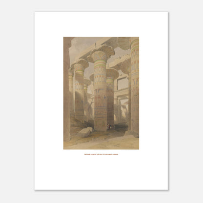 Planche de Karnak : Vue oblique de la salle des colonnes, David Roberts (30x40 cm). Lithographie de David Roberts représentant la salle des colonnes du temple de Karnak, avec ses piliers monumentaux ornés de hiéroglyphes et de peintures.
