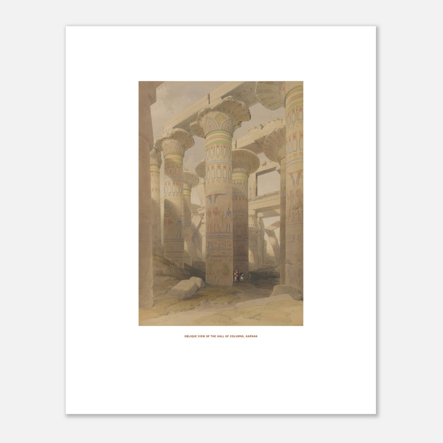 Planche de Karnak : Vue oblique de la salle des colonnes, David Roberts (40x50 cm). Lithographie de David Roberts représentant la salle des colonnes du temple de Karnak, avec ses piliers monumentaux ornés de hiéroglyphes et de peintures.