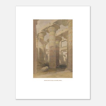 Planche de Karnak : Vue oblique de la salle des colonnes, David Roberts (40x50 cm). Lithographie de David Roberts représentant la salle des colonnes du temple de Karnak, avec ses piliers monumentaux ornés de hiéroglyphes et de peintures.