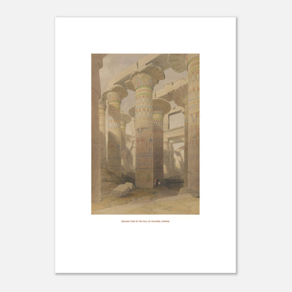 Planche de Karnak : Vue oblique de la salle des colonnes, David Roberts (42x59,4 cm (A2)). Lithographie de David Roberts représentant la salle des colonnes du temple de Karnak, avec ses piliers monumentaux ornés de hiéroglyphes et de peintures.
