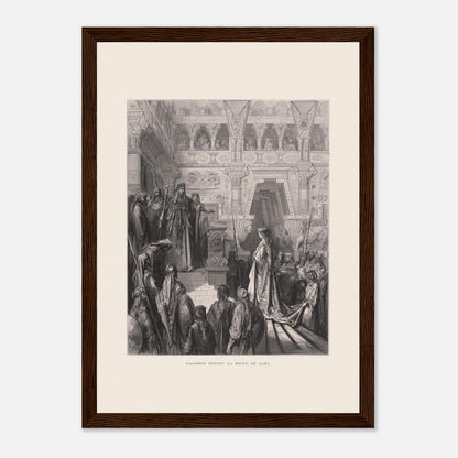 Planche ancienne : Salomon reçoit la reine de Saba par Gustave Doré (21x29,7 cm (A4) / Cadre bois foncé). Gravure de Gustave Doré représentant Salomon recevant la reine de Saba dans une salle ornée de colonnes.