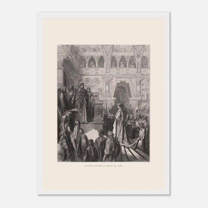 Planche ancienne : Salomon reçoit la reine de Saba par Gustave Doré (29,7x42 cm (A3) / Cadre blanc). Gravure de Gustave Doré représentant Salomon recevant la reine de Saba dans une salle ornée de colonnes.