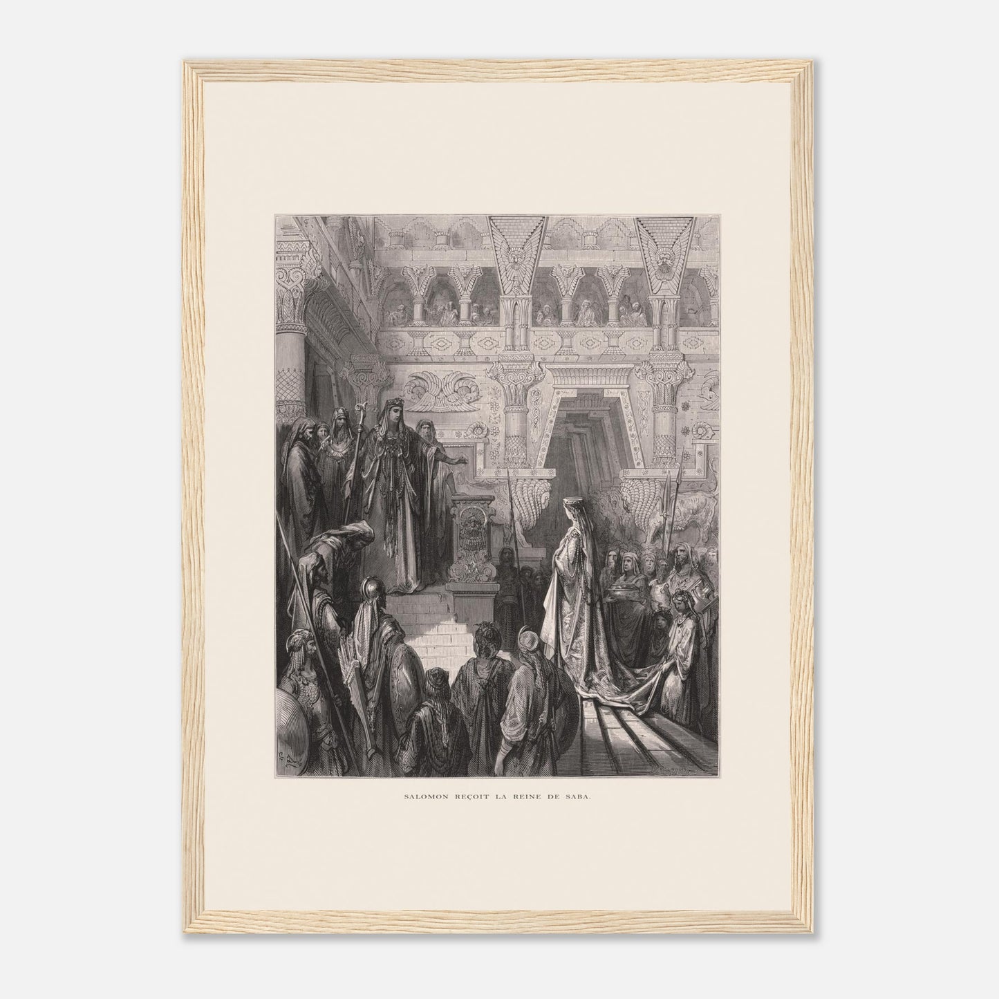 Planche ancienne : Salomon reçoit la reine de Saba par Gustave Doré (29,7x42 cm (A3) / Cadre bois clair). Gravure de Gustave Doré représentant Salomon recevant la reine de Saba dans une salle ornée de colonnes.