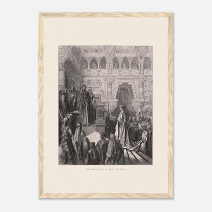 Planche ancienne : Salomon reçoit la reine de Saba par Gustave Doré (29,7x42 cm (A3) / Cadre bois clair). Gravure de Gustave Doré représentant Salomon recevant la reine de Saba dans une salle ornée de colonnes.