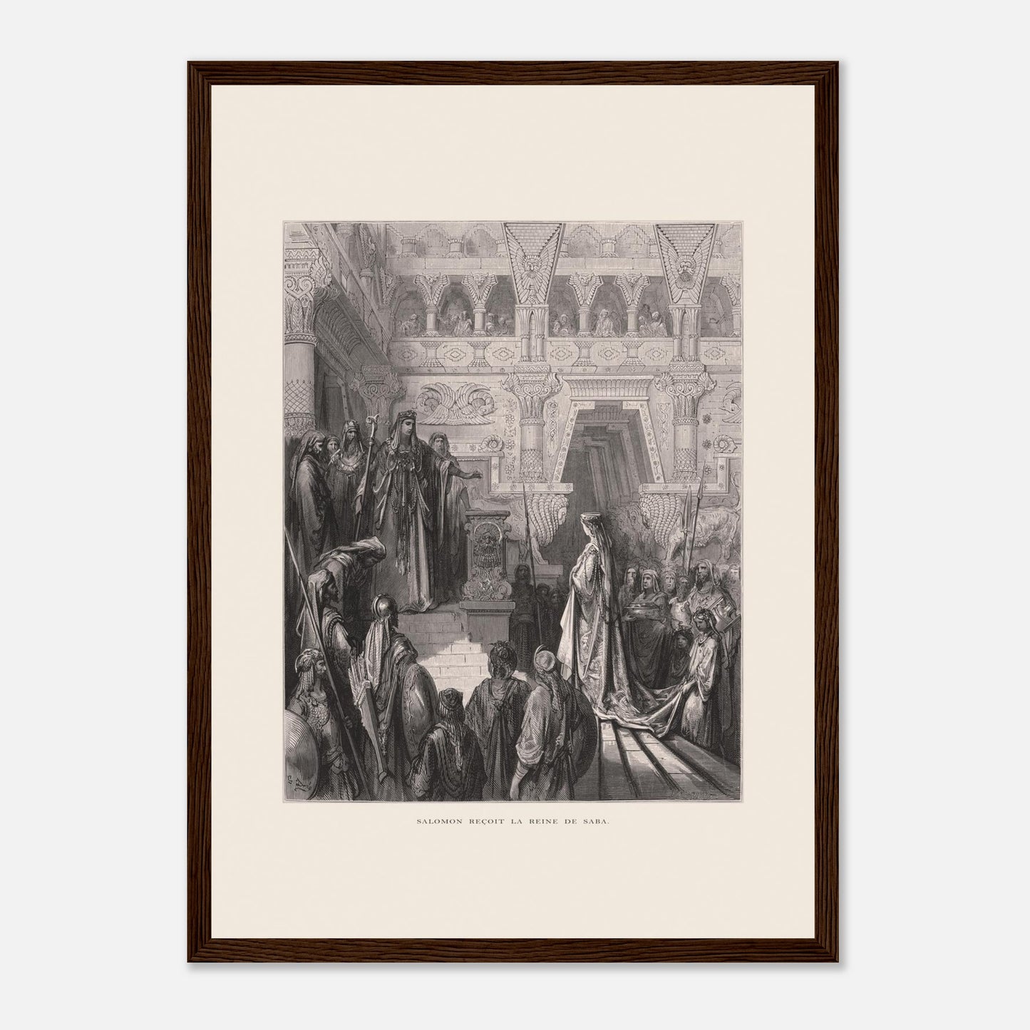 Planche ancienne : Salomon reçoit la reine de Saba par Gustave Doré (29,7x42 cm (A3) / Cadre bois foncé). Gravure de Gustave Doré représentant Salomon recevant la reine de Saba dans une salle ornée de colonnes.