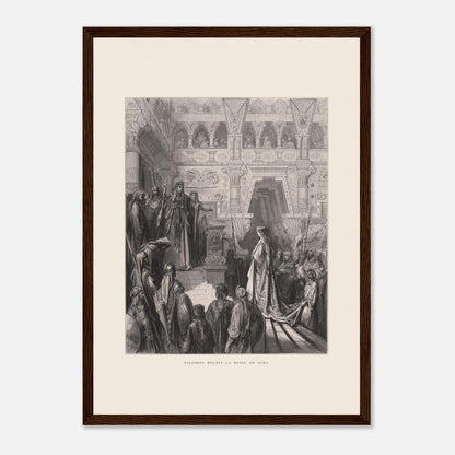 Planche ancienne : Salomon reçoit la reine de Saba par Gustave Doré (29,7x42 cm (A3) / Cadre bois foncé). Gravure de Gustave Doré représentant Salomon recevant la reine de Saba dans une salle ornée de colonnes.