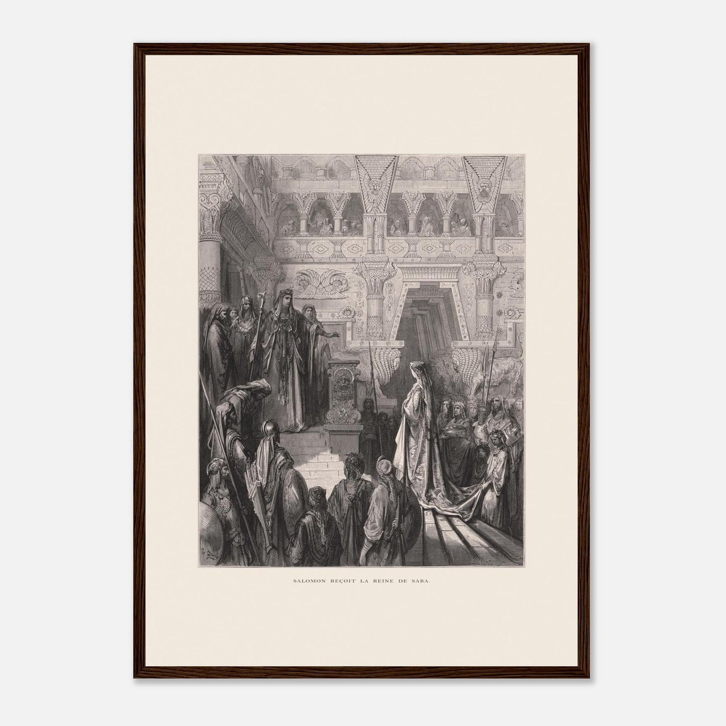 Planche ancienne : Salomon reçoit la reine de Saba par Gustave Doré (42x59,4 cm (A2) / Cadre bois foncé). Gravure de Gustave Doré représentant Salomon recevant la reine de Saba dans une salle ornée de colonnes.