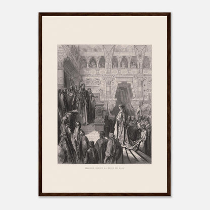 Planche ancienne : Salomon reçoit la reine de Saba par Gustave Doré (42x59,4 cm (A2) / Cadre bois foncé). Gravure de Gustave Doré représentant Salomon recevant la reine de Saba dans une salle ornée de colonnes.