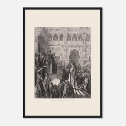Planche ancienne : Salomon reçoit la reine de Saba par Gustave Doré (42x59,4 cm (A2) / Cadre noir). Gravure de Gustave Doré représentant Salomon recevant la reine de Saba dans une salle ornée de colonnes.