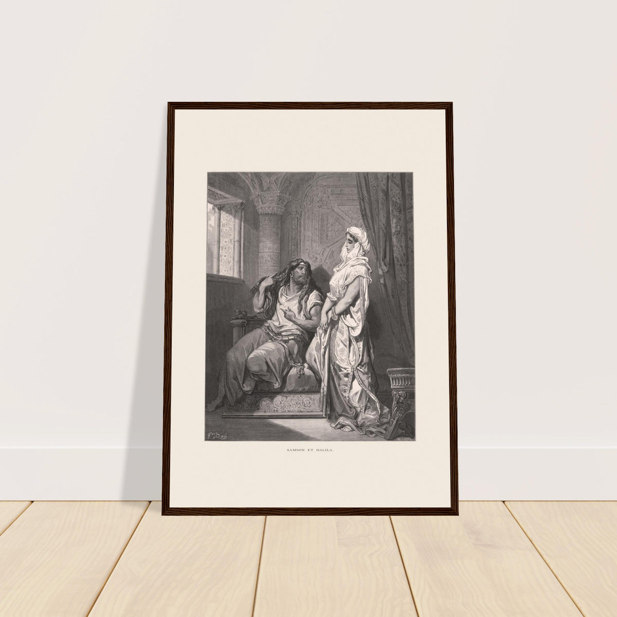 Samson und Delila: Reproduktion eines Stichs von Gustave Doré. Stich von Gustave Dore zur Heiligen Bibel, der die Szene „Simson und Delila“ illustriert.