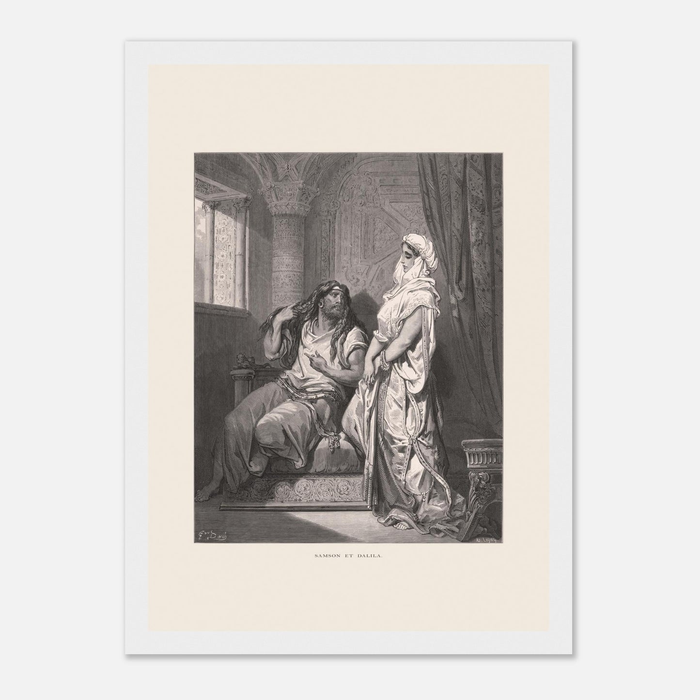Samson et Dalila : reproduction d'une gravure de Gustave Doré (21x29,7 cm (A4) / Cadre blanc). Gravure de Gustave Doré pour la Sainte Bible, illustrant la scène de "Samson et Dalila".