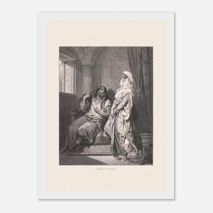 Samson et Dalila : reproduction d'une gravure de Gustave Doré (21x29,7 cm (A4) / Cadre blanc). Gravure de Gustave Doré pour la Sainte Bible, illustrant la scène de "Samson et Dalila".