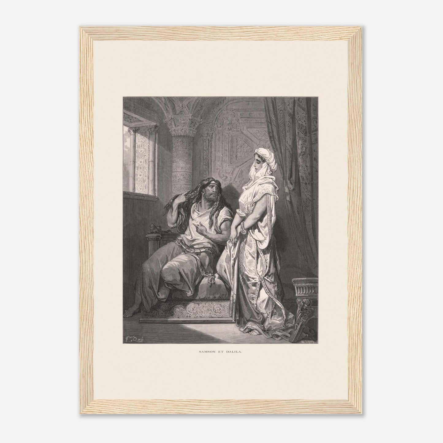 Samson et Dalila : reproduction d'une gravure de Gustave Doré (21x29,7 cm (A4) / Cadre bois clair). Gravure de Gustave Doré pour la Sainte Bible, illustrant la scène de "Samson et Dalila".
