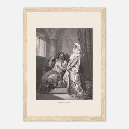 Samson et Dalila : reproduction d'une gravure de Gustave Doré (21x29,7 cm (A4) / Cadre bois clair). Gravure de Gustave Doré pour la Sainte Bible, illustrant la scène de "Samson et Dalila".