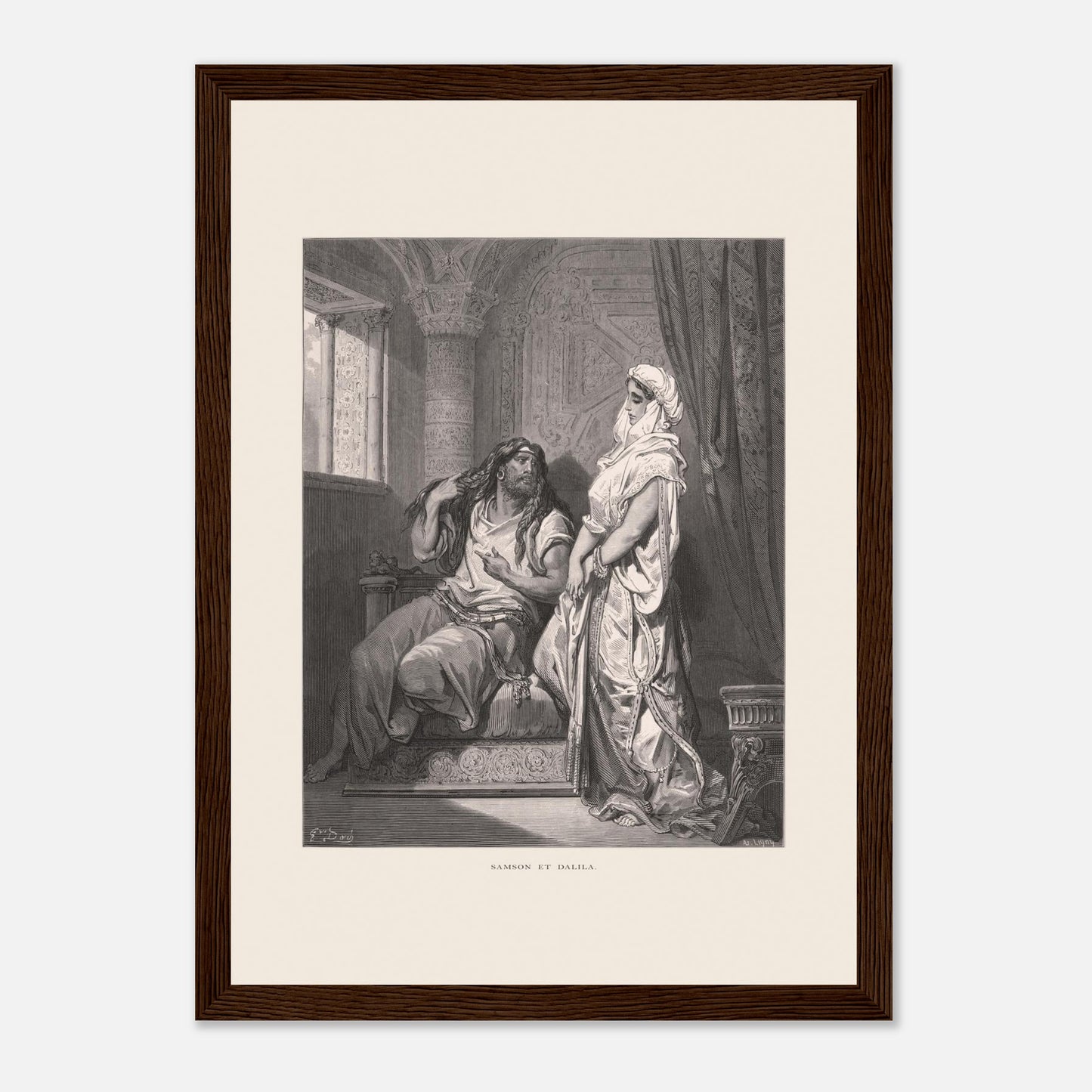 Samson et Dalila : reproduction d'une gravure de Gustave Doré (21x29,7 cm (A4) / Cadre bois foncé). Gravure de Gustave Doré pour la Sainte Bible, illustrant la scène de "Samson et Dalila".
