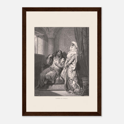 Samson et Dalila : reproduction d'une gravure de Gustave Doré (21x29,7 cm (A4) / Cadre bois foncé). Gravure de Gustave Doré pour la Sainte Bible, illustrant la scène de "Samson et Dalila".