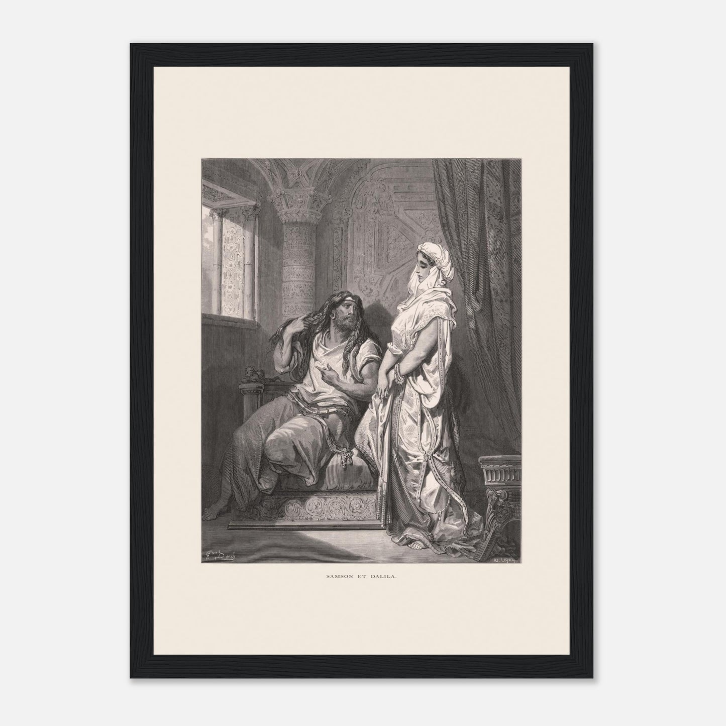 Samson et Dalila : reproduction d'une gravure de Gustave Doré (21x29,7 cm (A4) / Cadre noir). Gravure de Gustave Doré pour la Sainte Bible, illustrant la scène de "Samson et Dalila".