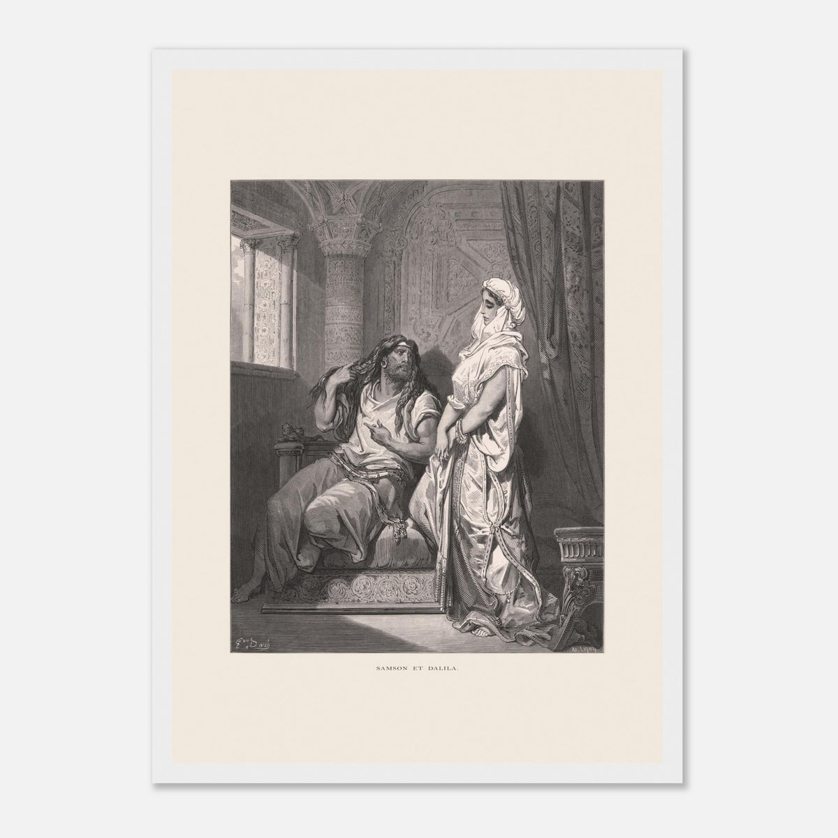 Samson et Dalila : reproduction d'une gravure de Gustave Doré (29,7x42 cm (A3) / Cadre blanc). Gravure de Gustave Doré pour la Sainte Bible, illustrant la scène de "Samson et Dalila".