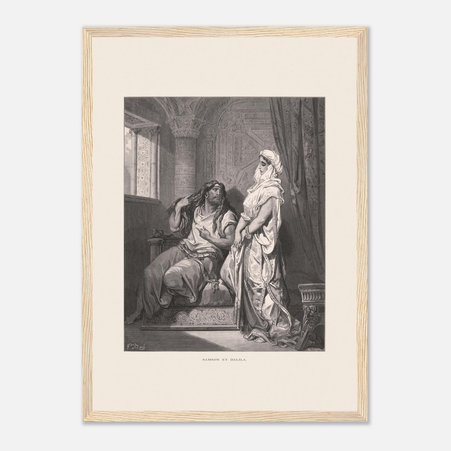 Samson et Dalila : reproduction d'une gravure de Gustave Doré (29,7x42 cm (A3) / Cadre bois clair). Gravure de Gustave Doré pour la Sainte Bible, illustrant la scène de "Samson et Dalila".