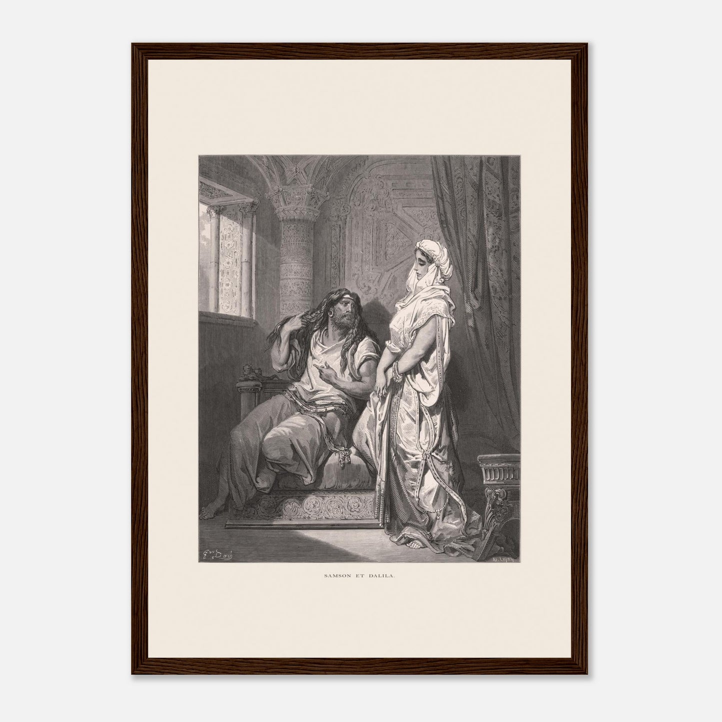 Samson et Dalila : reproduction d'une gravure de Gustave Doré (29,7x42 cm (A3) / Cadre bois foncé). Gravure de Gustave Doré pour la Sainte Bible, illustrant la scène de "Samson et Dalila".
