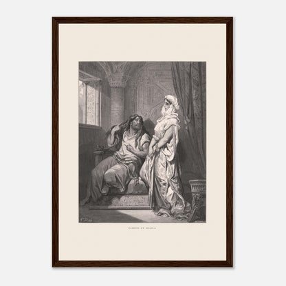 Samson et Dalila : reproduction d'une gravure de Gustave Doré (29,7x42 cm (A3) / Cadre bois foncé). Gravure de Gustave Doré pour la Sainte Bible, illustrant la scène de "Samson et Dalila".