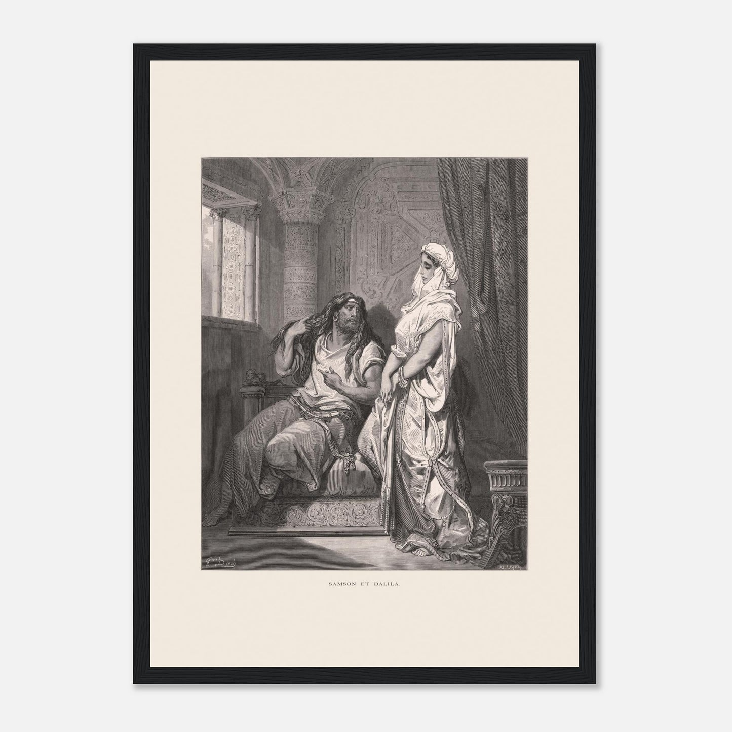 Samson et Dalila : reproduction d'une gravure de Gustave Doré (29,7x42 cm (A3) / Cadre noir). Gravure de Gustave Doré pour la Sainte Bible, illustrant la scène de "Samson et Dalila".