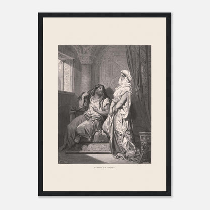 Samson et Dalila : reproduction d'une gravure de Gustave Doré (29,7x42 cm (A3) / Cadre noir). Gravure de Gustave Doré pour la Sainte Bible, illustrant la scène de "Samson et Dalila".