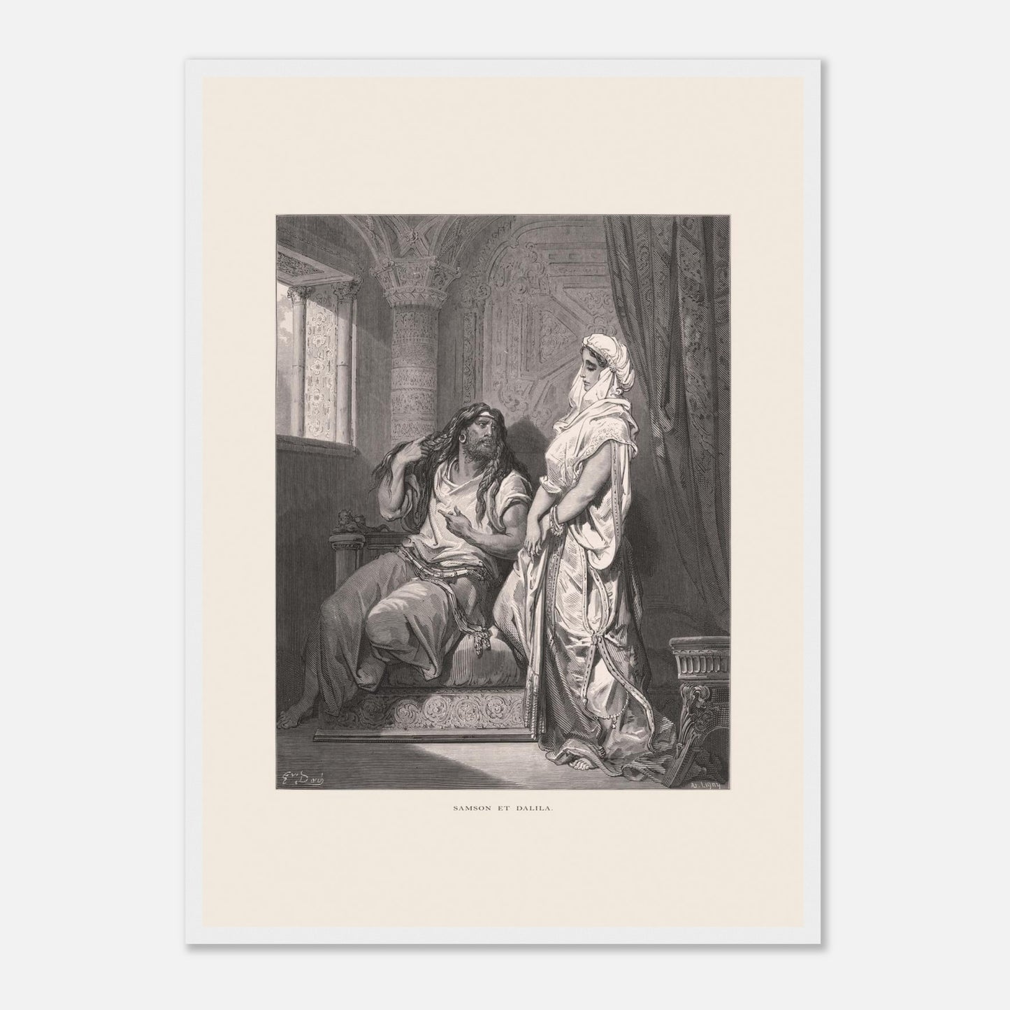 Samson et Dalila : reproduction d'une gravure de Gustave Doré (42x59,4 cm (A2) / Cadre blanc). Gravure de Gustave Doré pour la Sainte Bible, illustrant la scène de "Samson et Dalila".