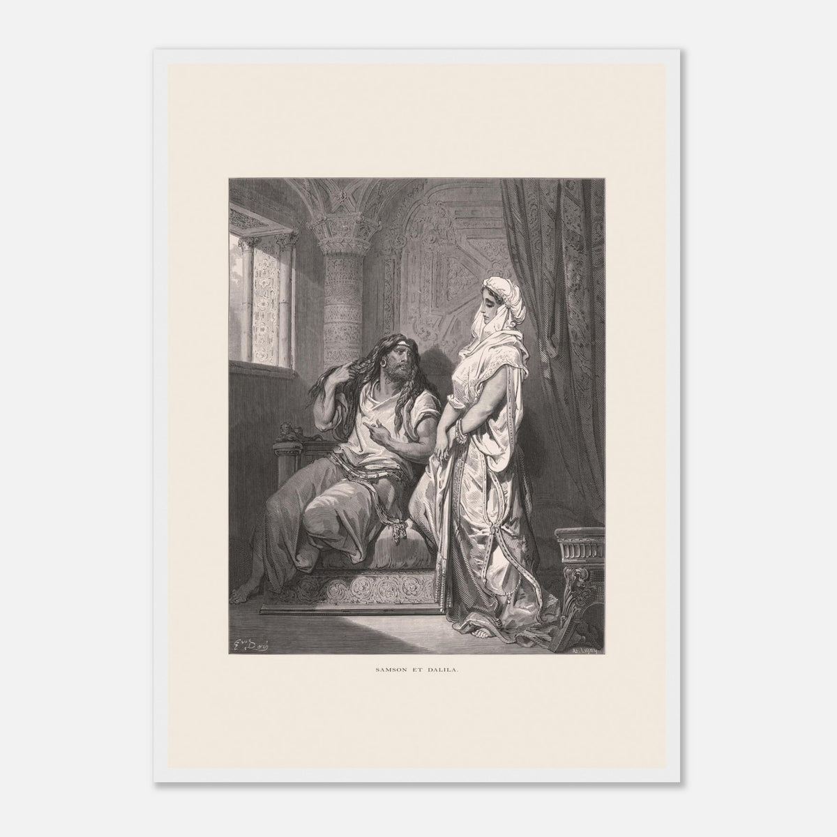 Samson et Dalila : reproduction d'une gravure de Gustave Doré (42x59,4 cm (A2) / Cadre blanc). Gravure de Gustave Doré pour la Sainte Bible, illustrant la scène de "Samson et Dalila".