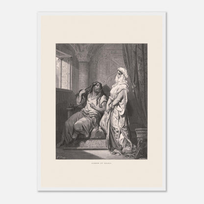 Samson et Dalila : reproduction d'une gravure de Gustave Doré (42x59,4 cm (A2) / Cadre blanc). Gravure de Gustave Doré pour la Sainte Bible, illustrant la scène de "Samson et Dalila".