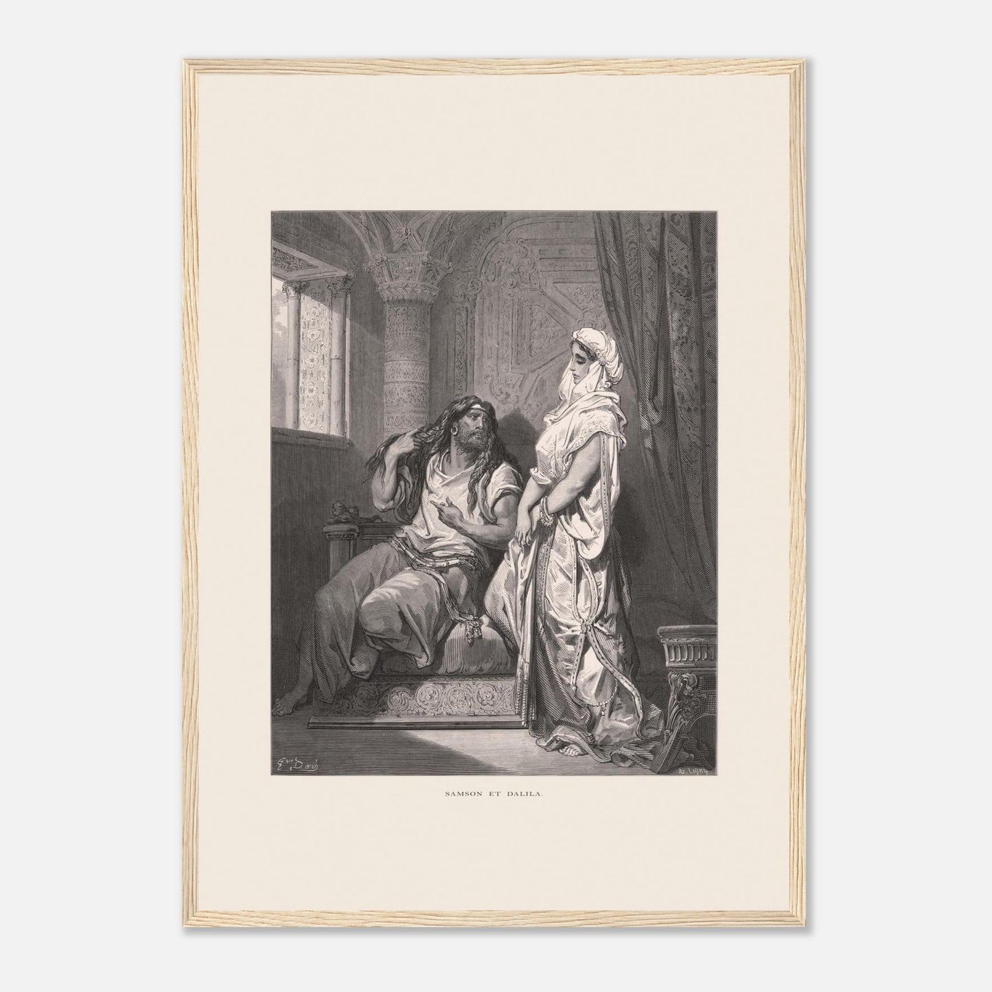 Samson et Dalila : reproduction d'une gravure de Gustave Doré (42x59,4 cm (A2) / Cadre bois clair). Gravure de Gustave Doré pour la Sainte Bible, illustrant la scène de "Samson et Dalila".