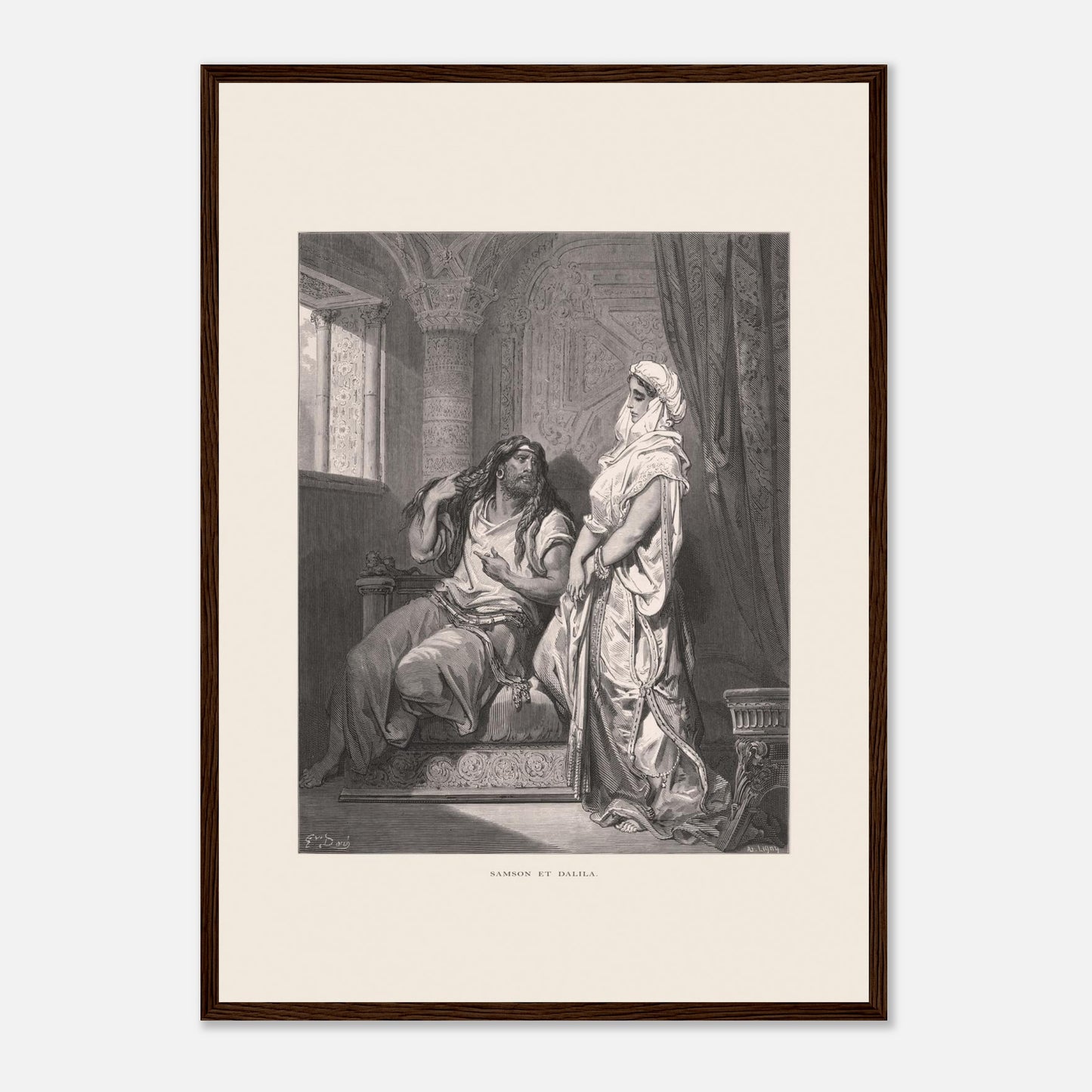 Samson et Dalila : reproduction d'une gravure de Gustave Doré (42x59,4 cm (A2) / Cadre bois foncé). Gravure de Gustave Doré pour la Sainte Bible, illustrant la scène de "Samson et Dalila".